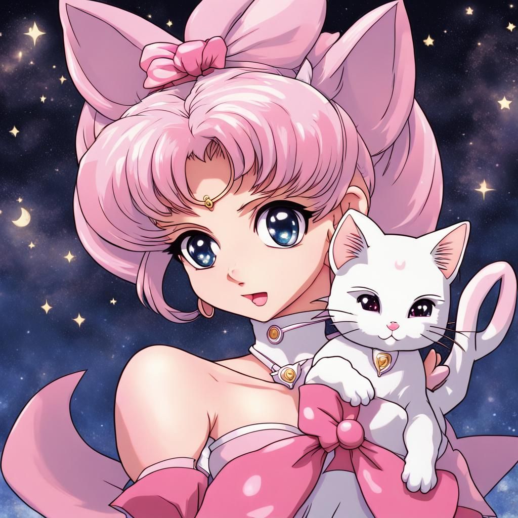 Chibiusa and White Cat in Anime Style