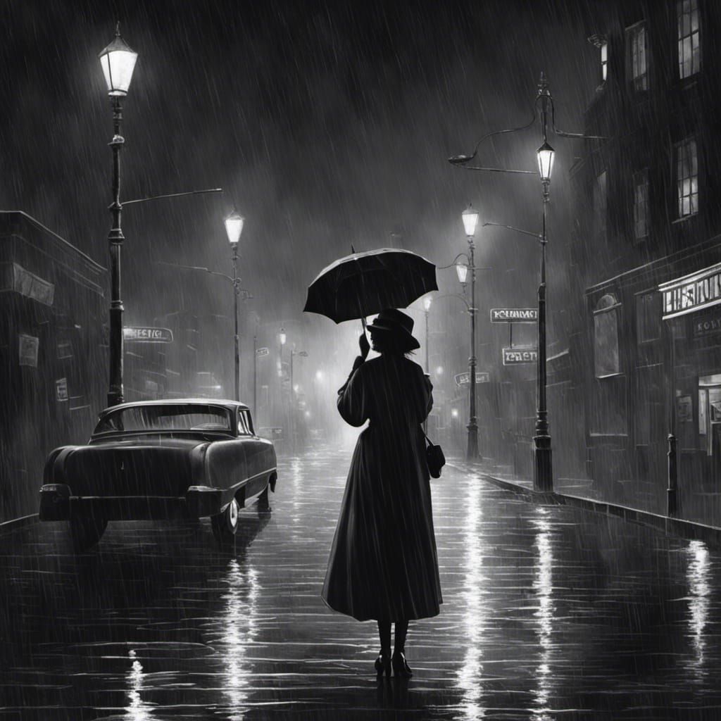 Grayscale City: Woman Singing in the Rainy Night