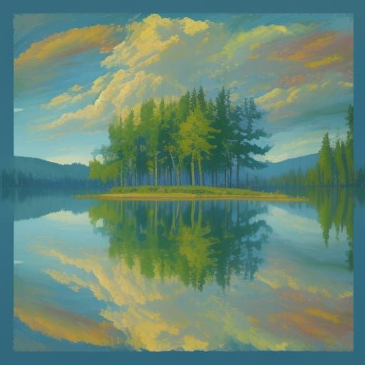 Vibrant Neo-Impressionist Tree Beside Dreamlike Lake