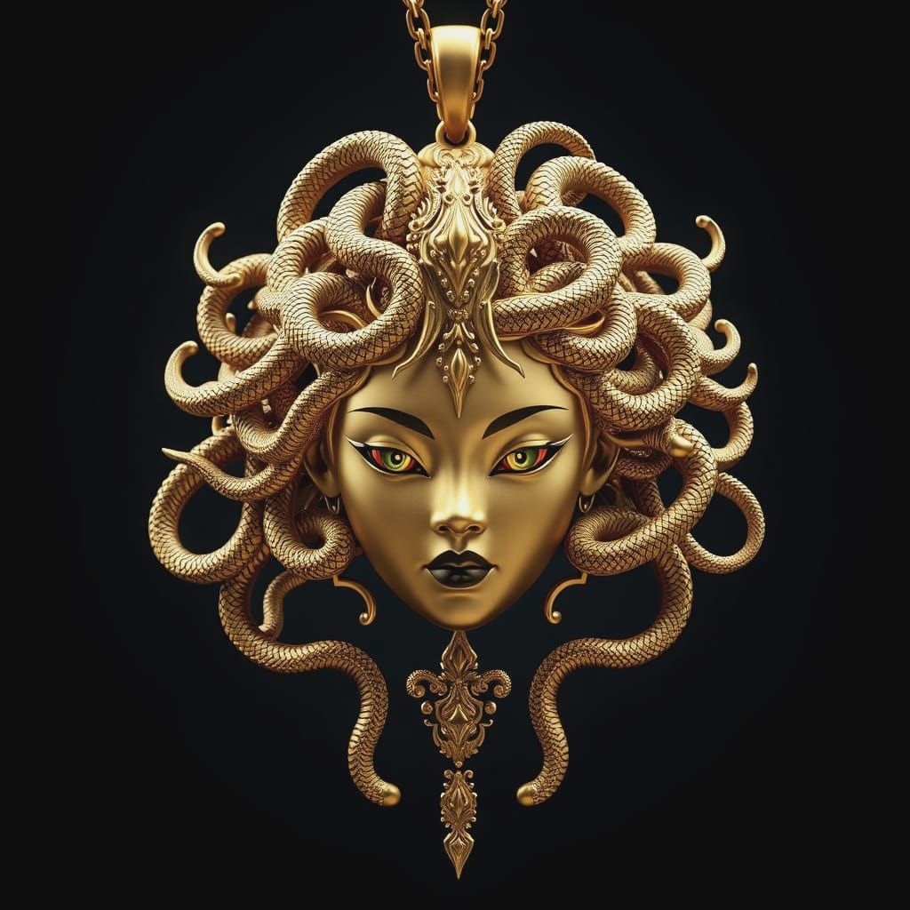 Golden Asian Goddess Pendant in Medusa Style