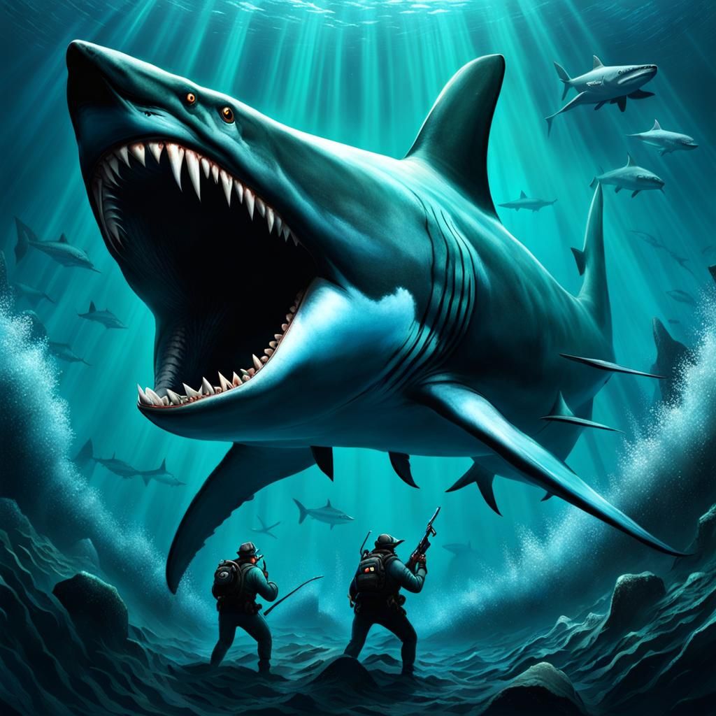 Angry Megalodon Chasing Kraken in Deep Trench