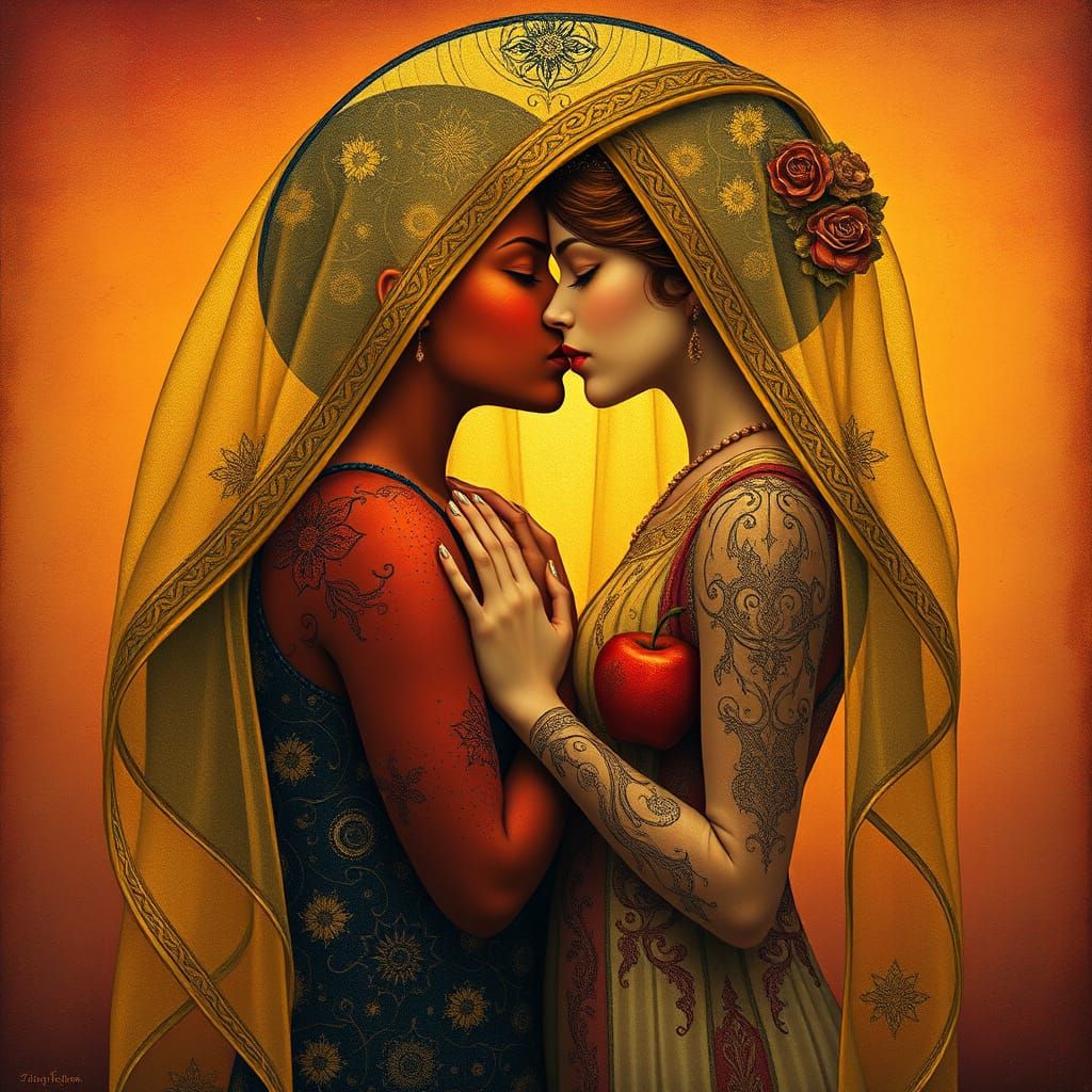 Golden Apple Kiss in Art Nouveau Style