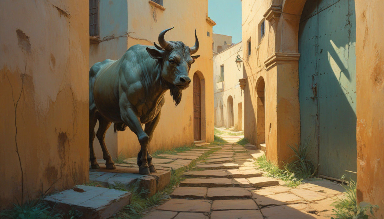 Surrealist Minotaur in a Mystical Labyrinth - Oil on Canvas...