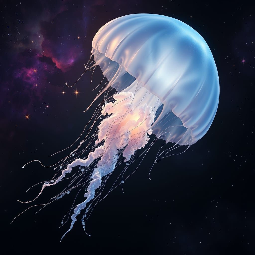 Bioluminescent Jellyfish Drifting Through Deep Space