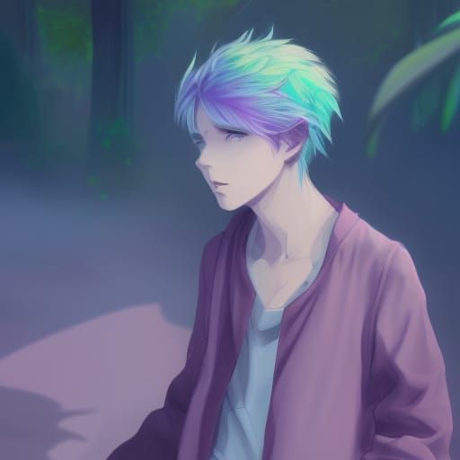 Anime Style Teenage Boy with Purple Hair, Watercolor
