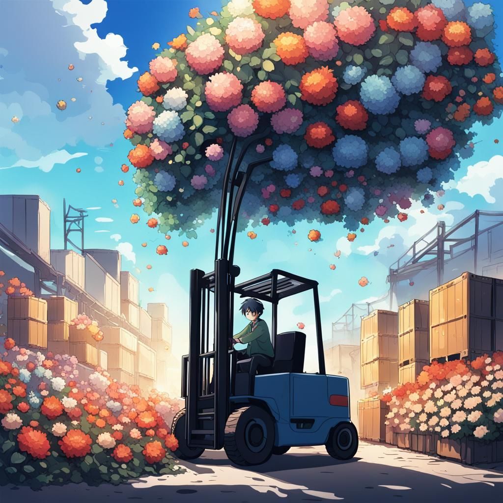 A forklift lifting flowers