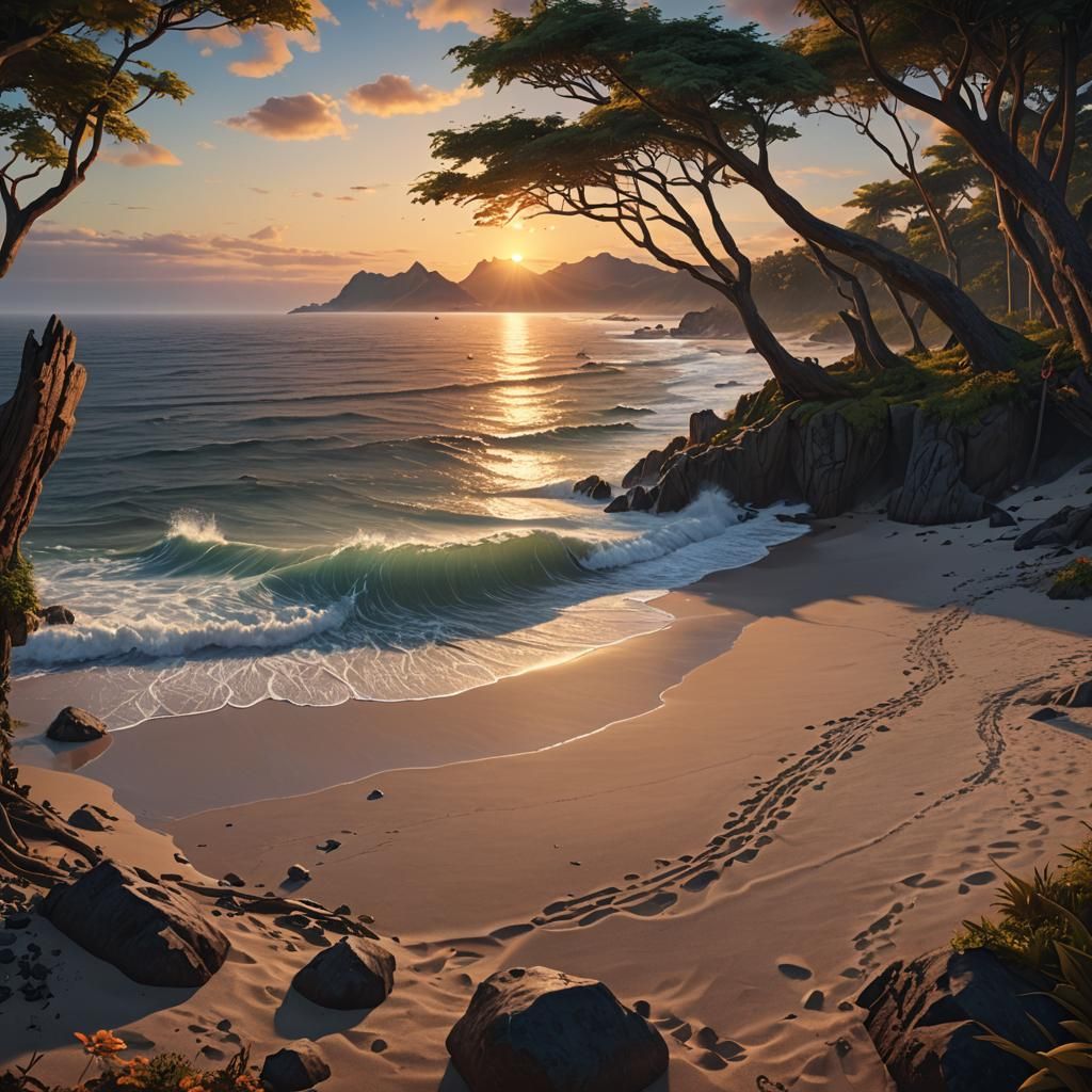 Fantastical Beach Sunset in Detailed Matte Painting