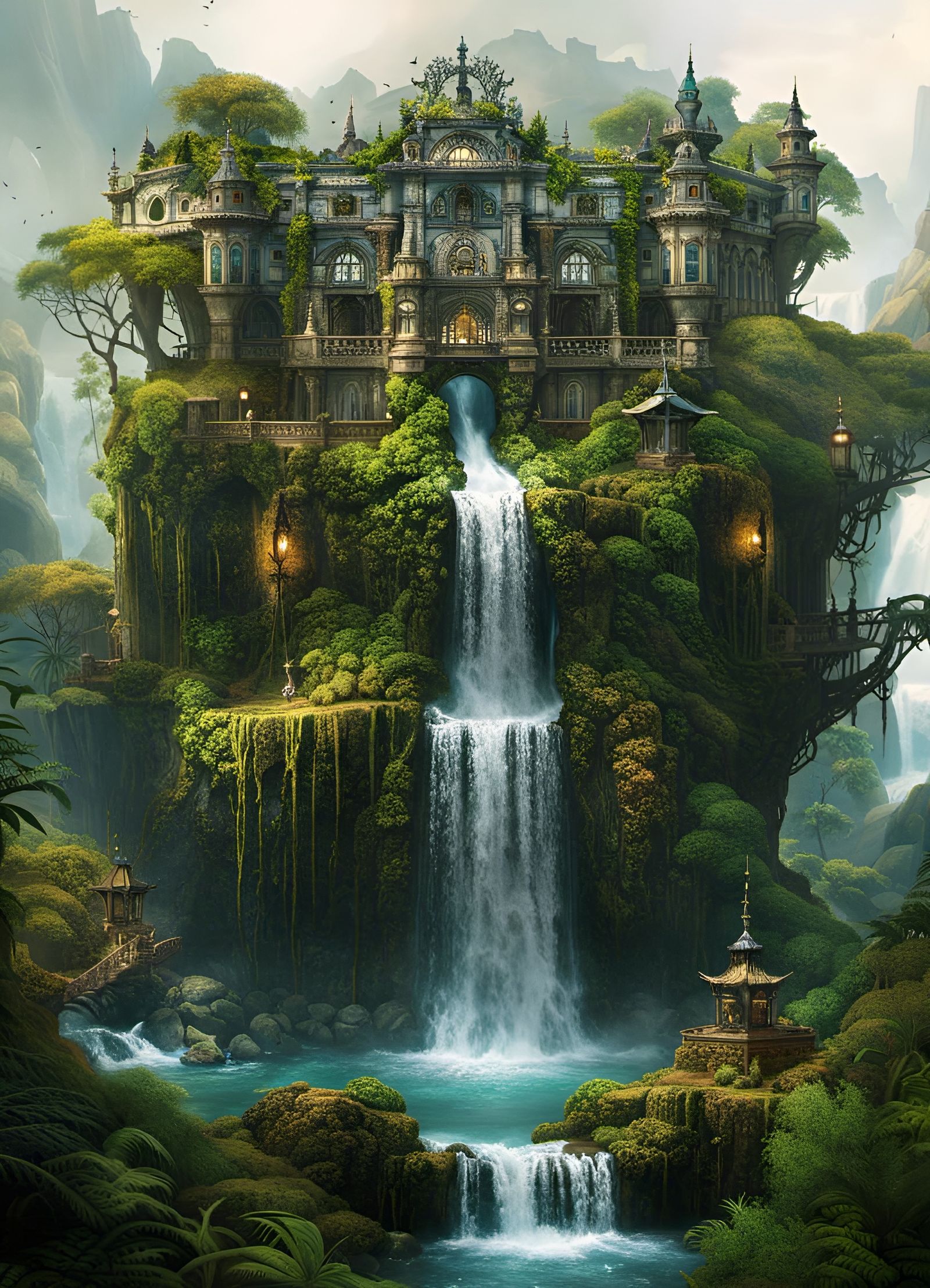 Overgrown Forest Palace on Waterfall: Fantasy Artwork