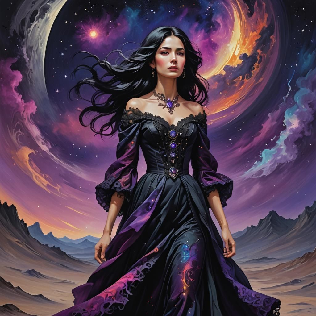 Woman on Moon with Black Hole, Baroque Style