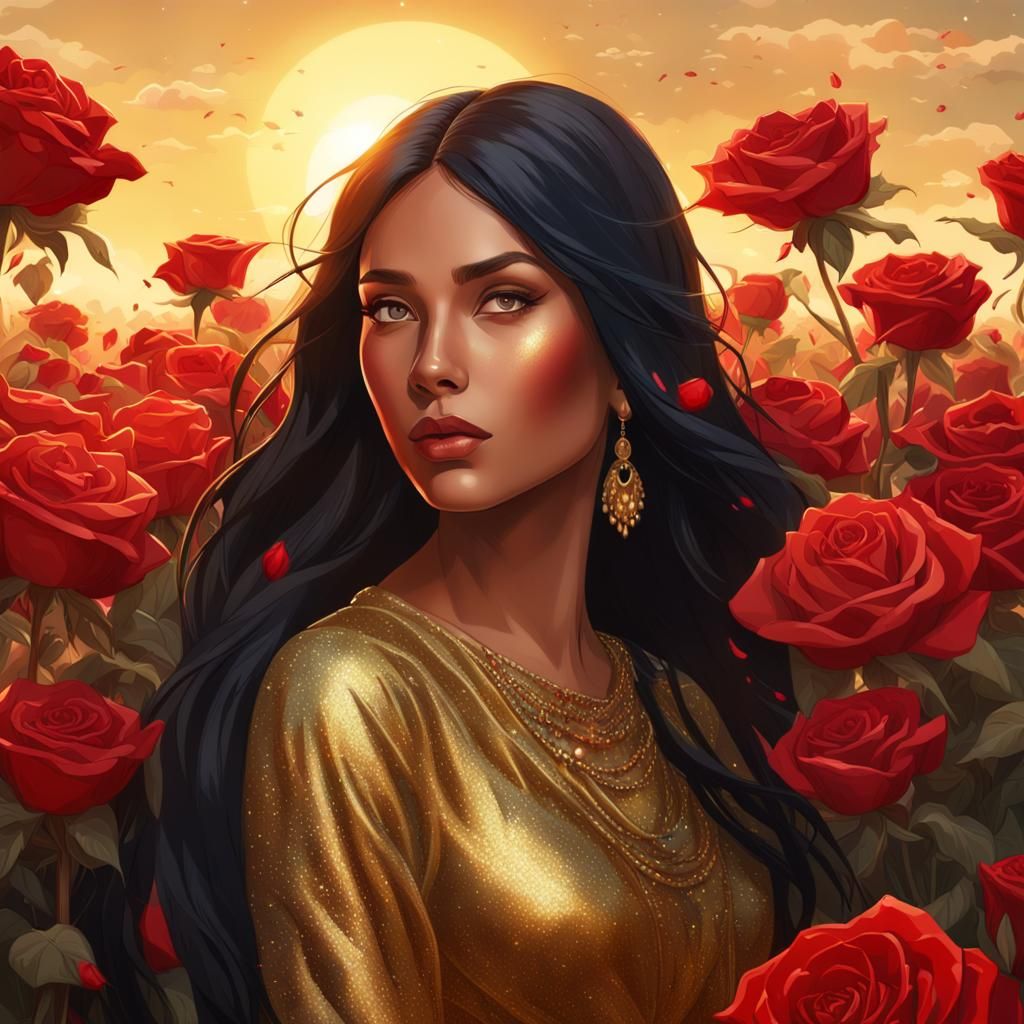 Woman in Gold Dress Among Red Roses