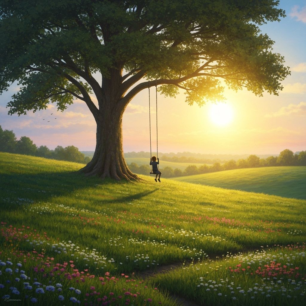 Serene Countryside Landscape with Child on Tree Swing