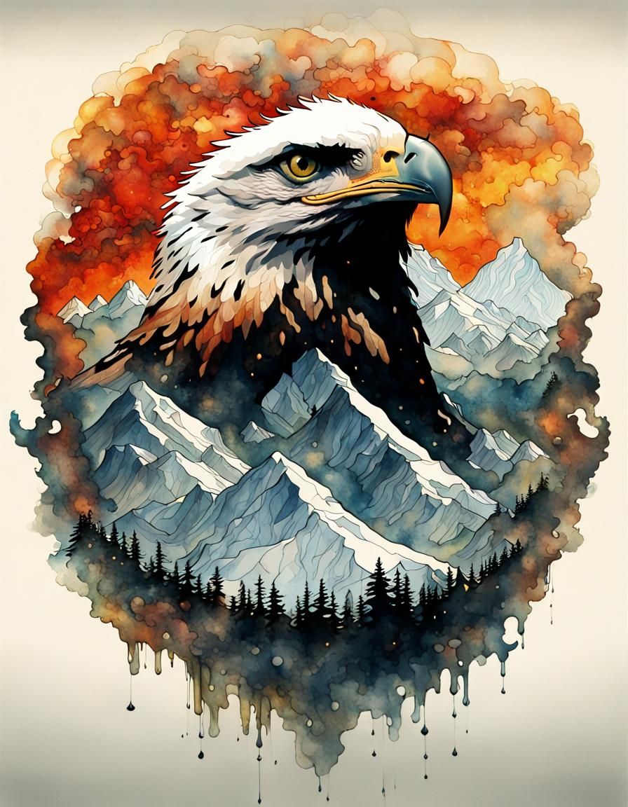Cosmic Eagle Over Mountain Range in Dark Fantasy Art