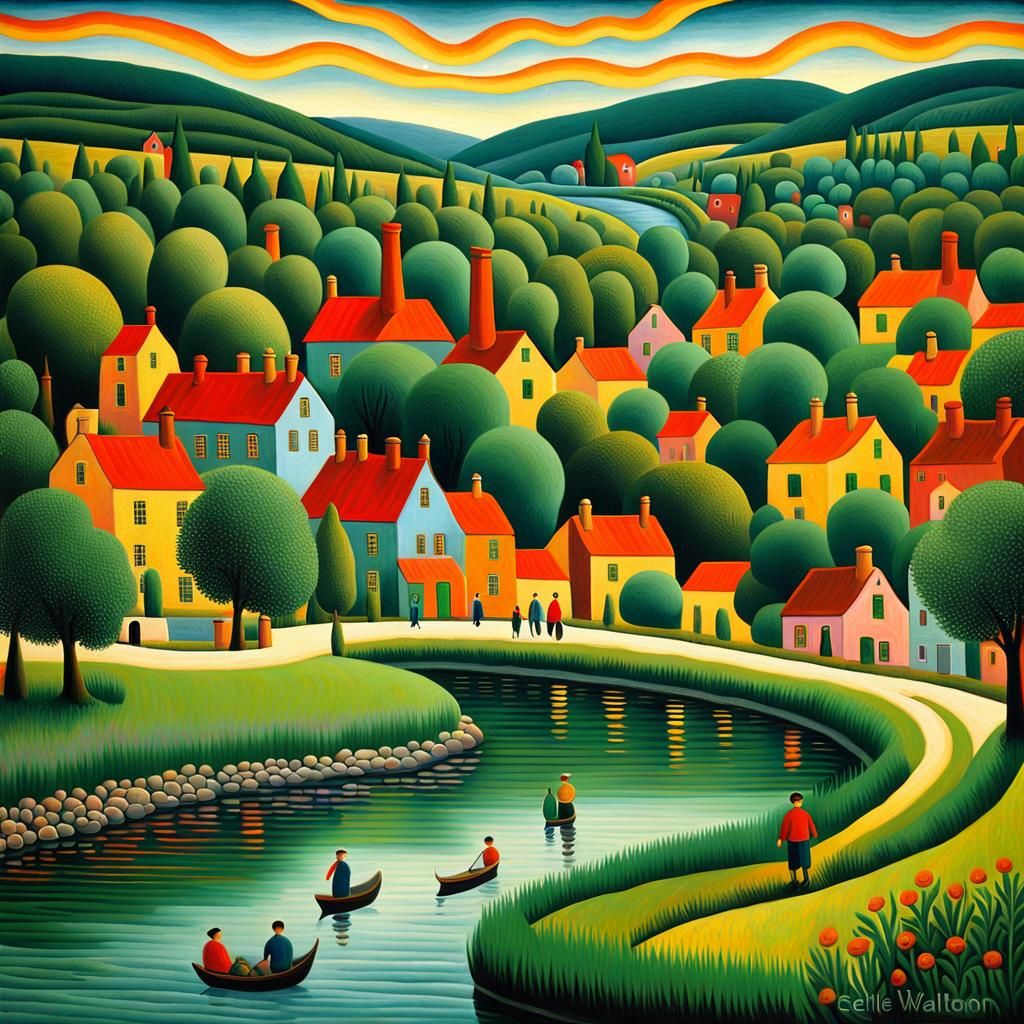 Naive Art Village Scene by Serene River
