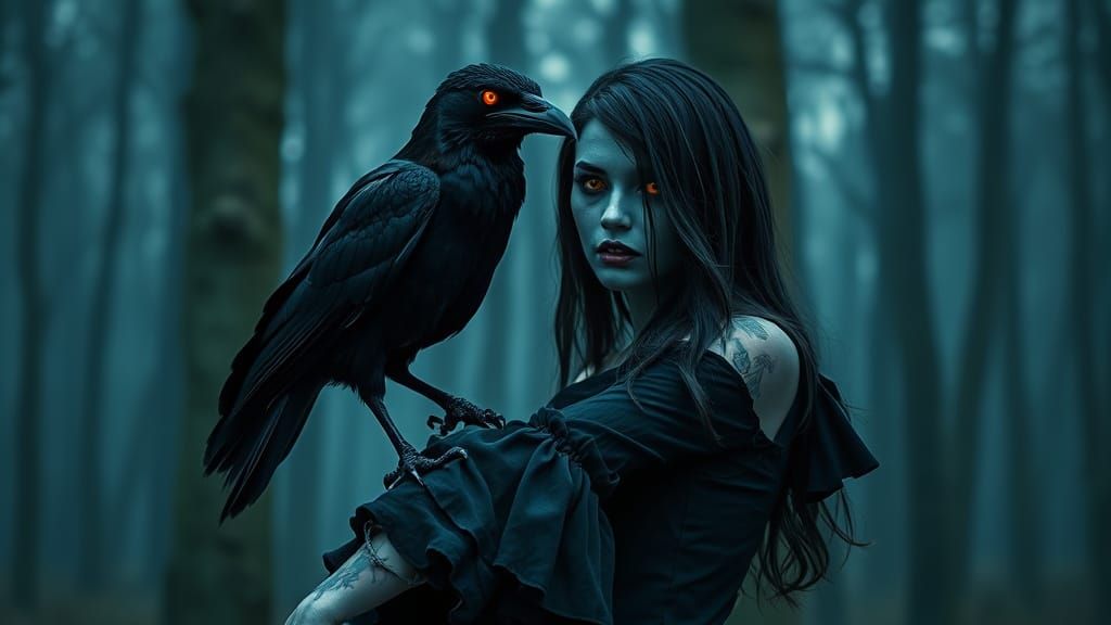 Glowing Raven Perched on a Witch-Like Zombie Woman in a Haun...