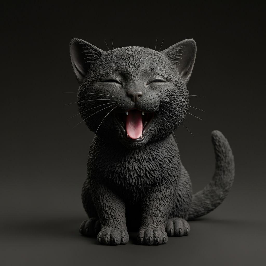 Black Clay Kitten Sculpture with Intricate Details