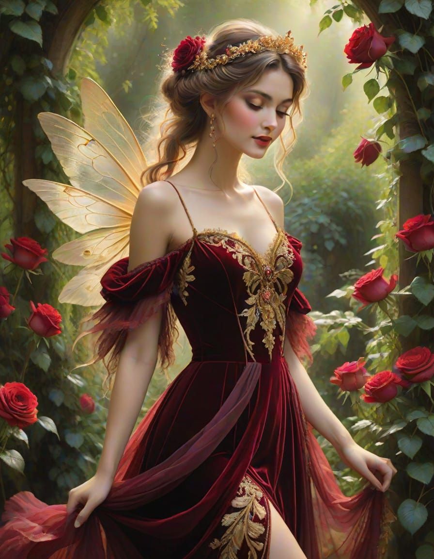 Dreamy Fairy in Velvet, Surrounded by Roses