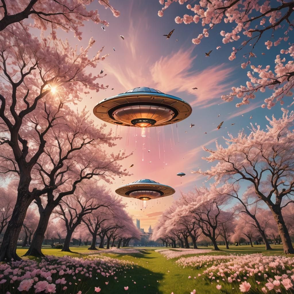 UFO over Cherry Blossoms in Surreal Style