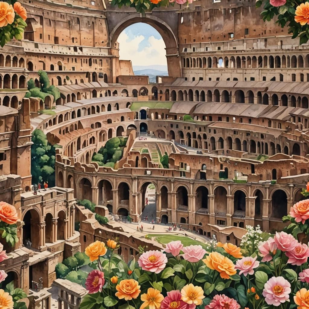 Hyperrealistic Colosseum in Romantic Watercolor Style