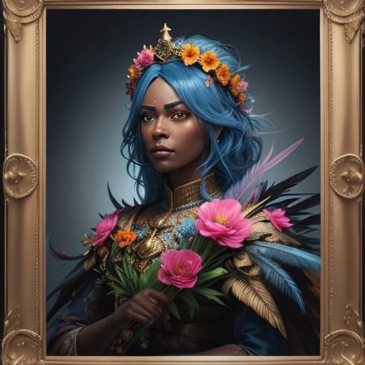 Woman with Flowers and Feathers in 3D Style