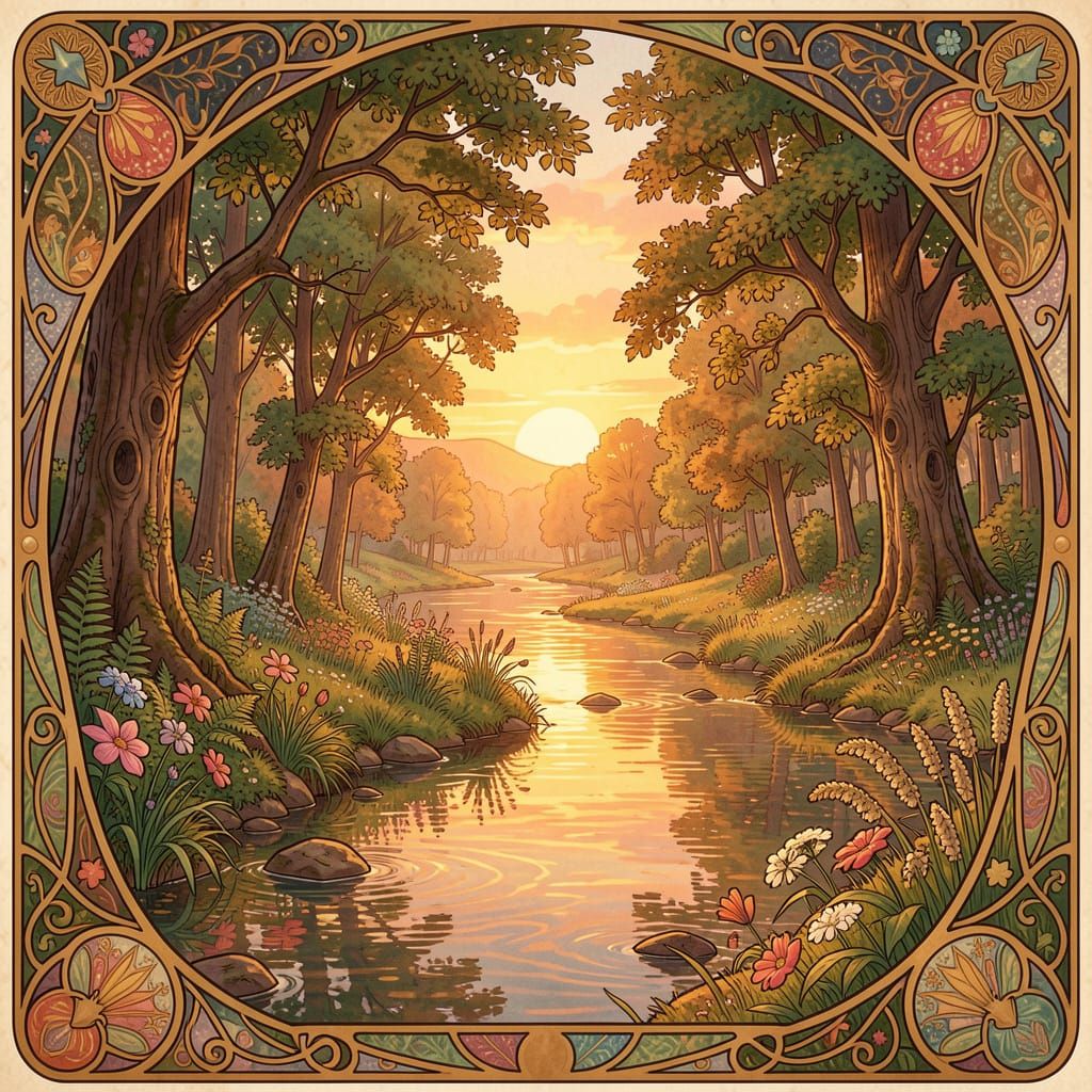 Majestic River Landscape at Golden Hour in Art Nouveau Style