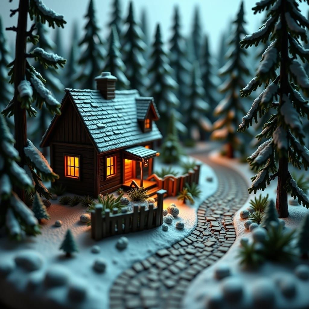 Winter Cottage Diorama in Forest