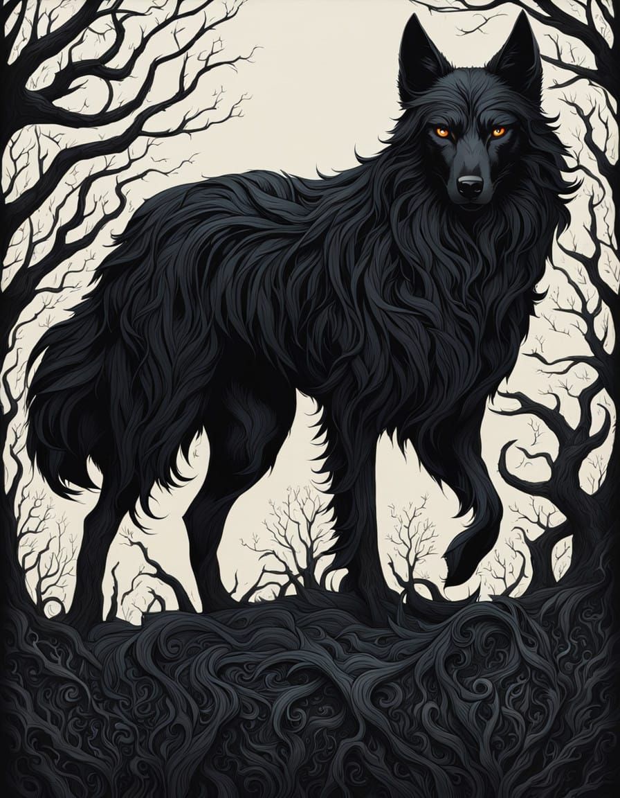 Mysterious Black Dog in Vintage Spooky Style