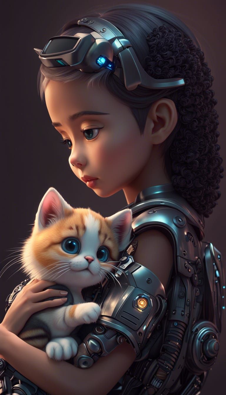 Human and Robot Kitten Cuddle: 3D Digital Art