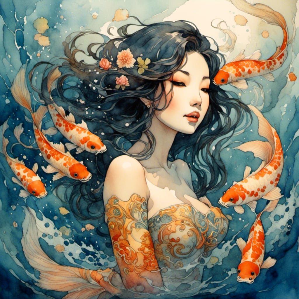 Koi Mermaid in Romantic Watercolor Style