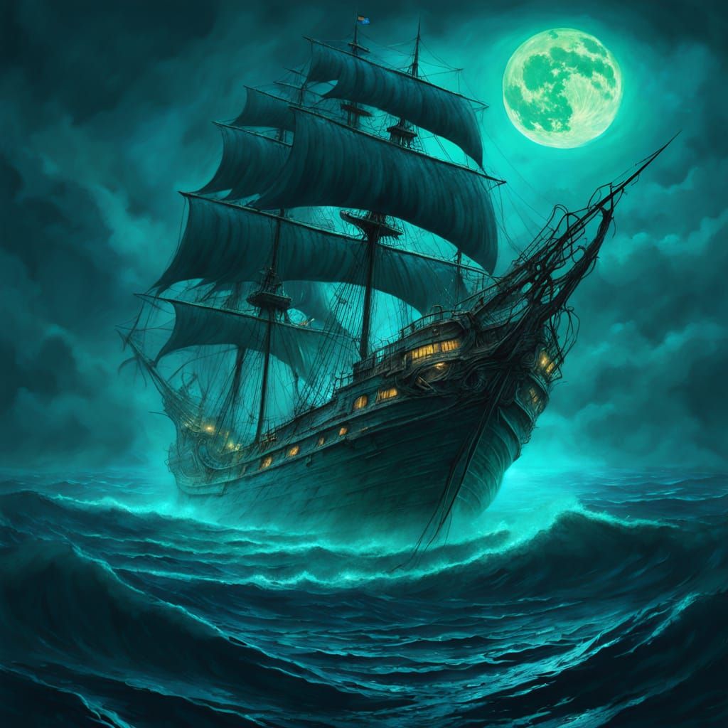 Sailing Ship Battling Sea Monster in Surreal Double Exposure