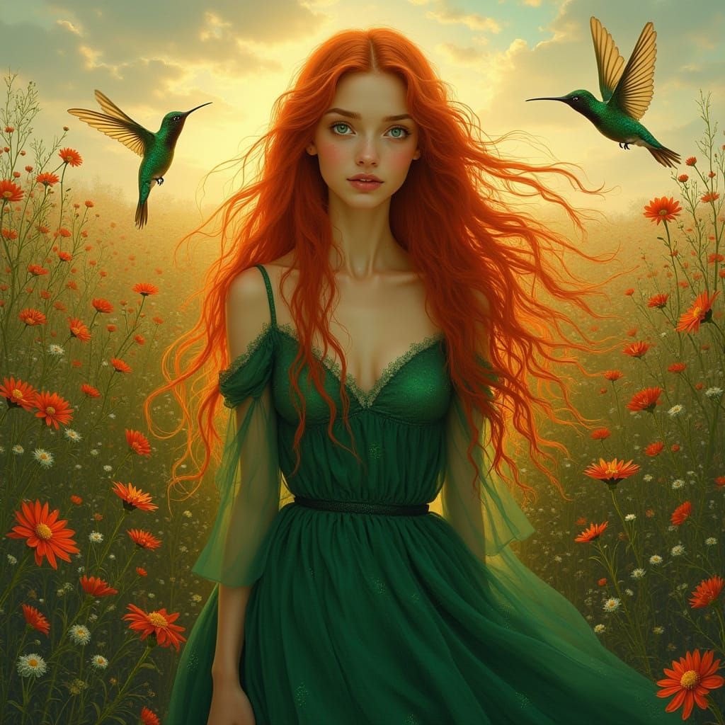 Emerald Gown in Wildflower Field: A Pre-Raphaelite Vision