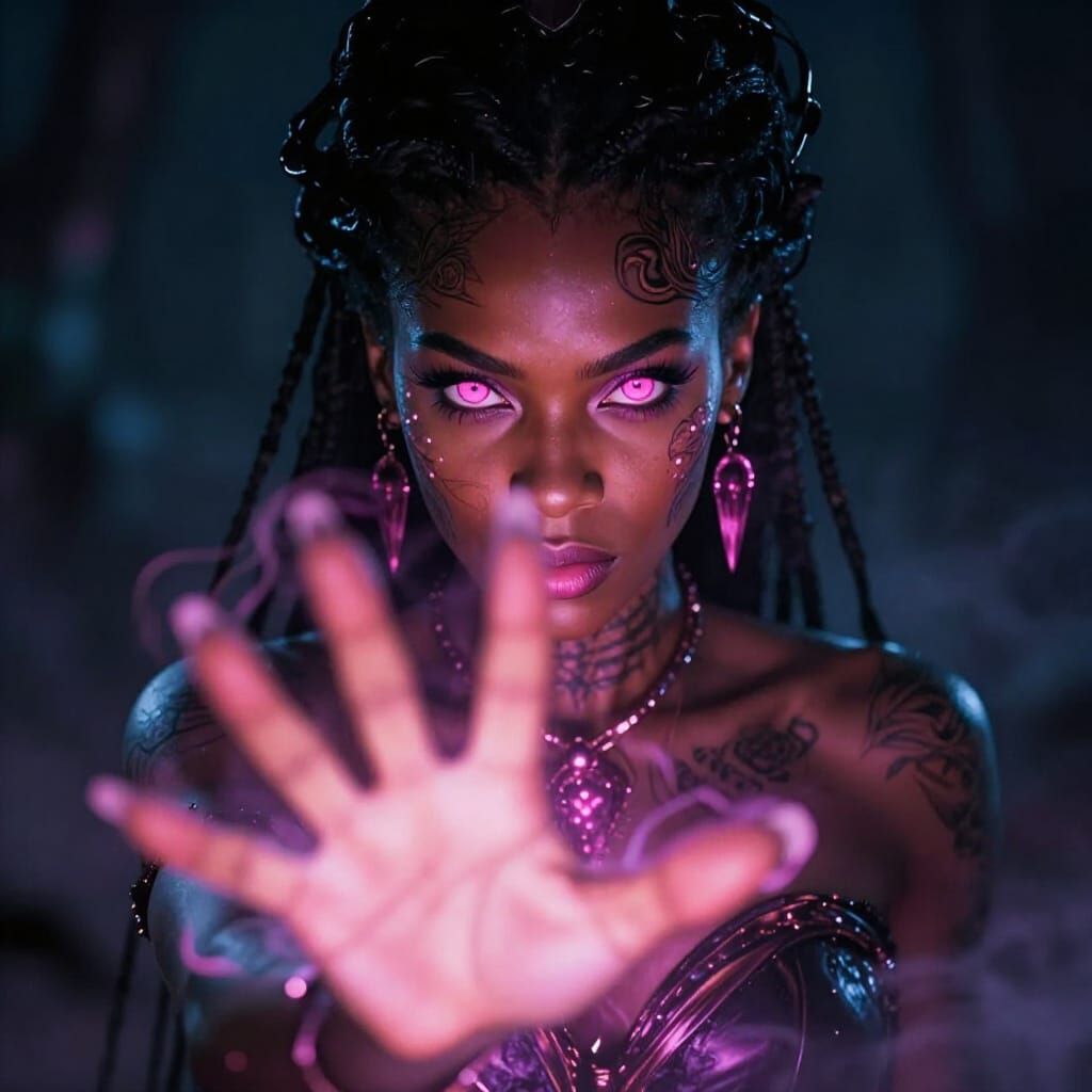 African American Sorceress Casting Spell in Dark Abyss