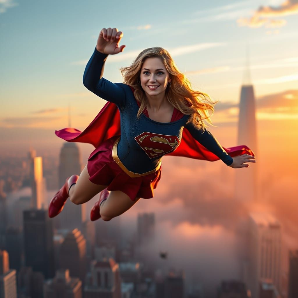 Supergirl Flying Over Sunset Cityscape