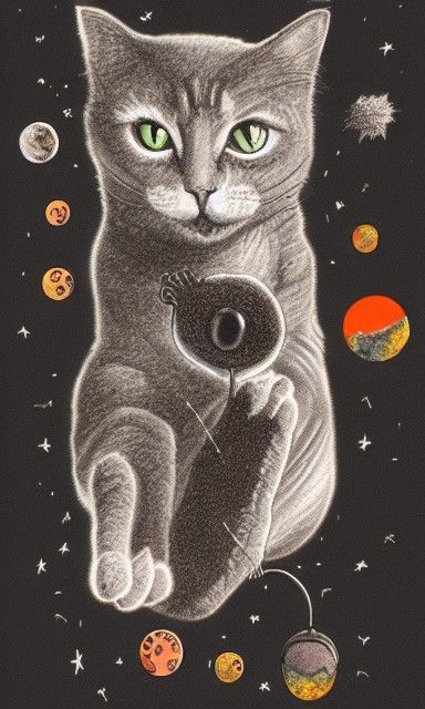 Astral Cosmic Cat and Gravy Paw in Mixed Media