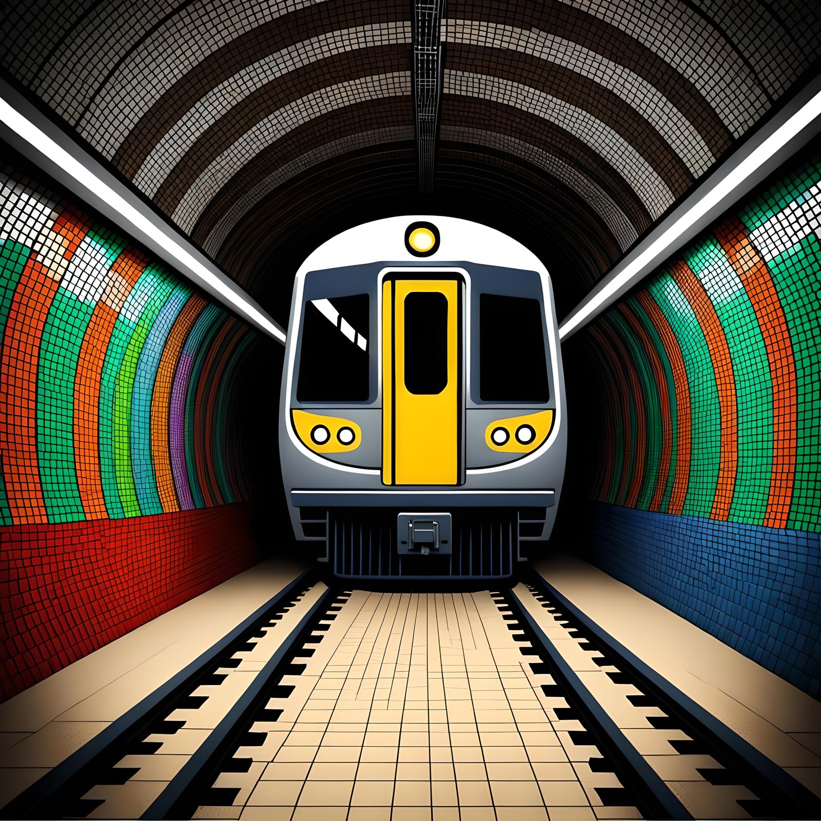 Train in Subway Tunnel: 3D Mosaic Art