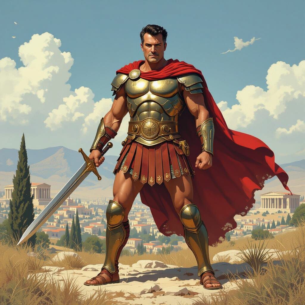 Bruce Campbell as a Greek Hero in Epic Landscape