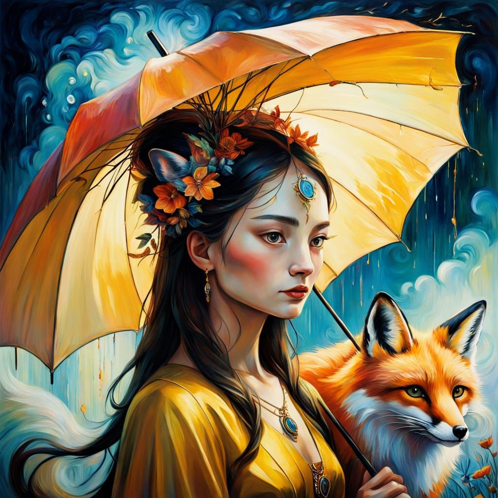 Woman and Fox Spirit Under Umbrella in Dreamscape
