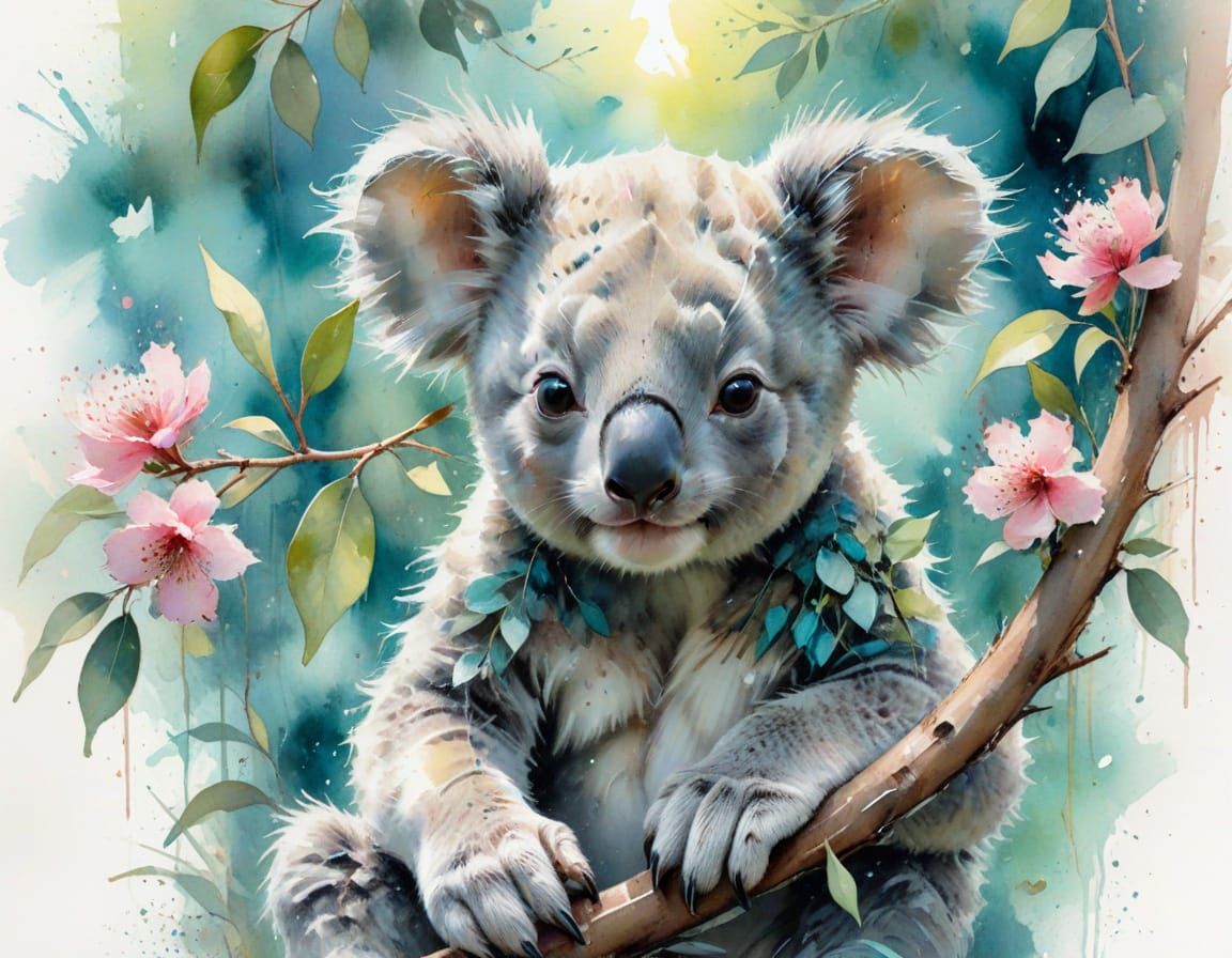 Impressionistic Watercolor Baby Koala on Eucalyptus Branch