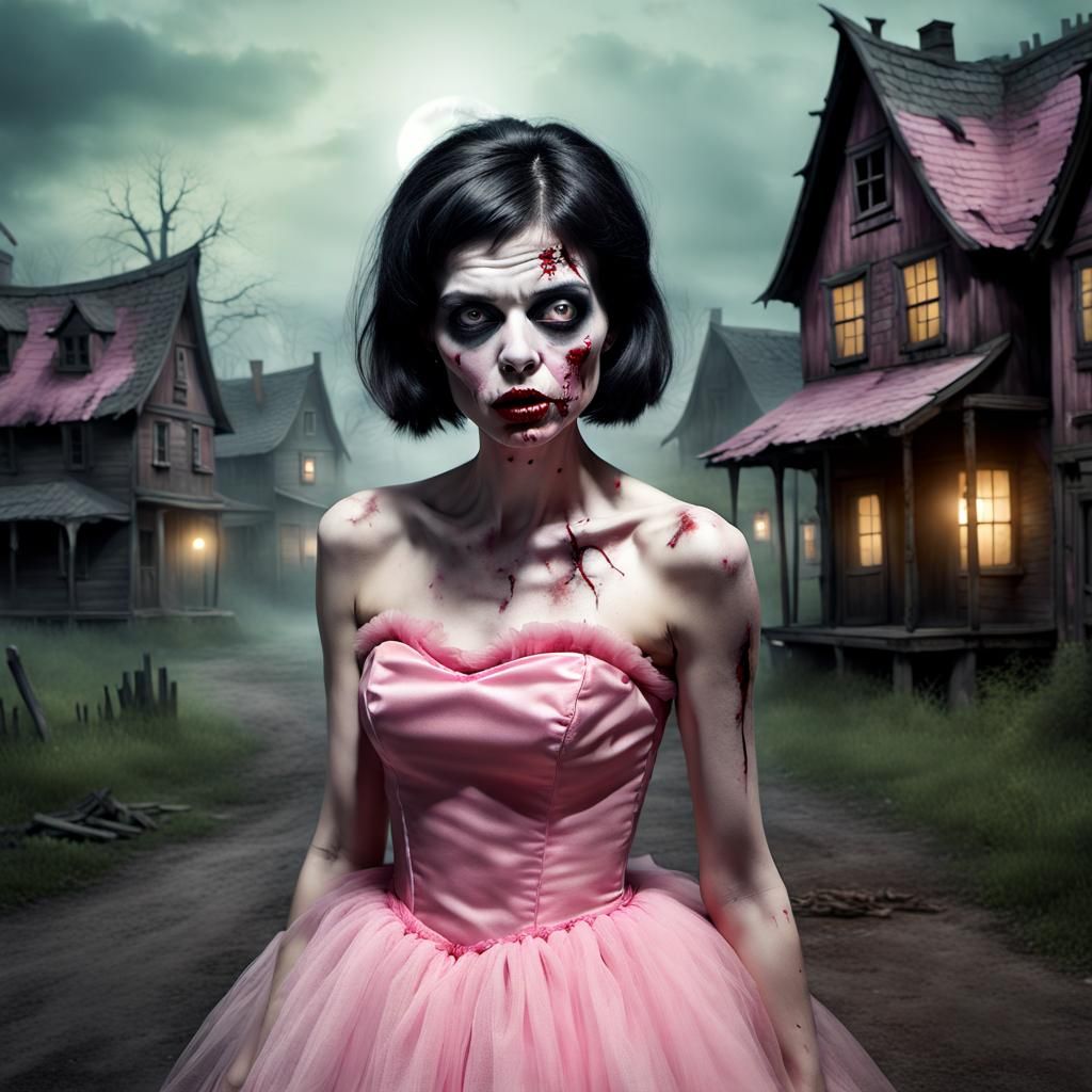 Hyperrealistic Female Zombie in Pink Tulle Dress