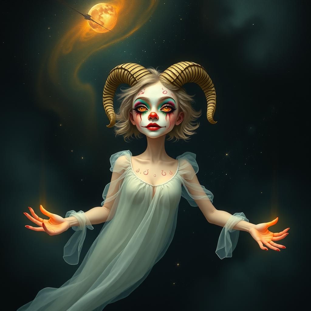 Ethereal Woman with Clown Makeup in Surreal Cosmic Scene