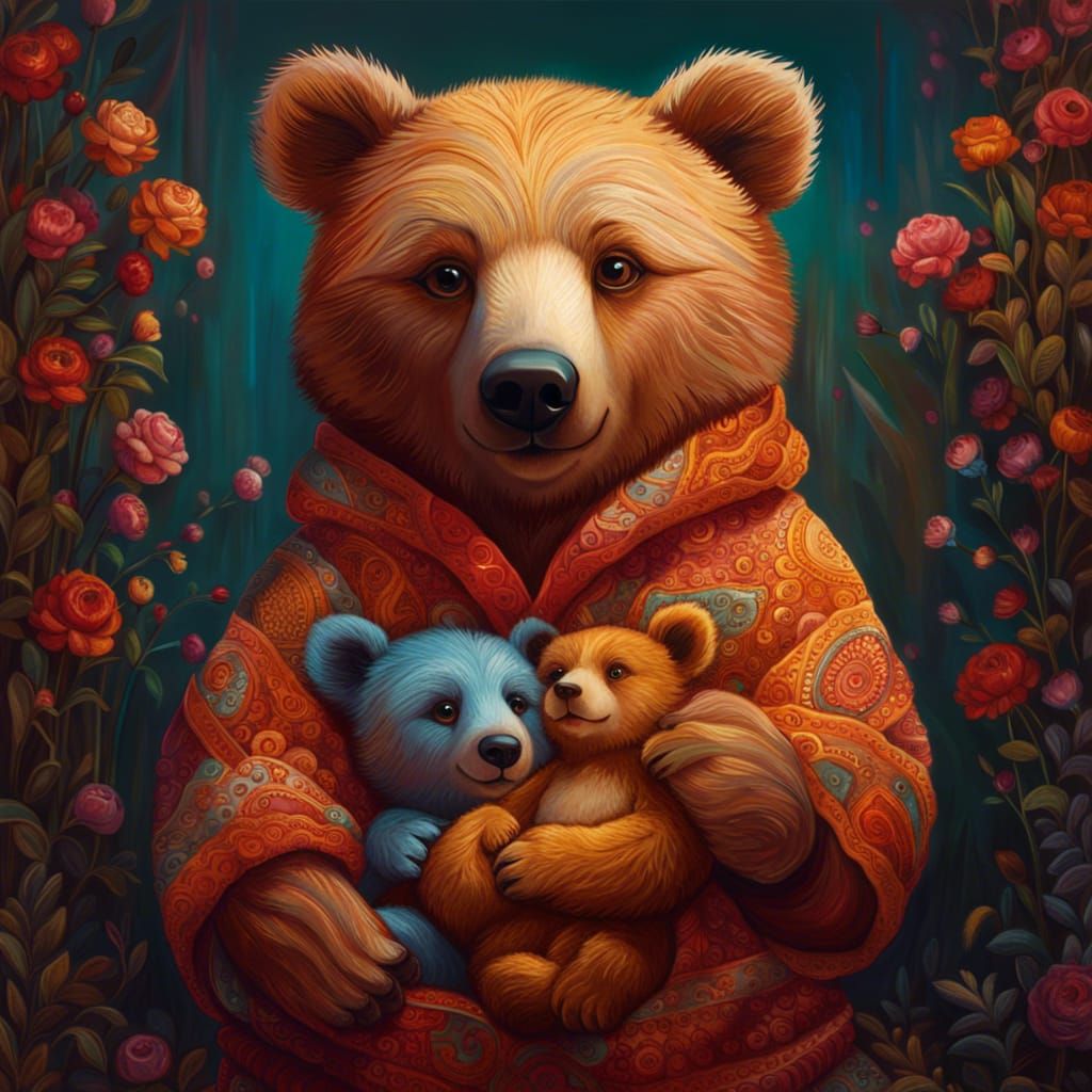 Adorable Bear Cub with Teddy Bear, Oil on Canvas