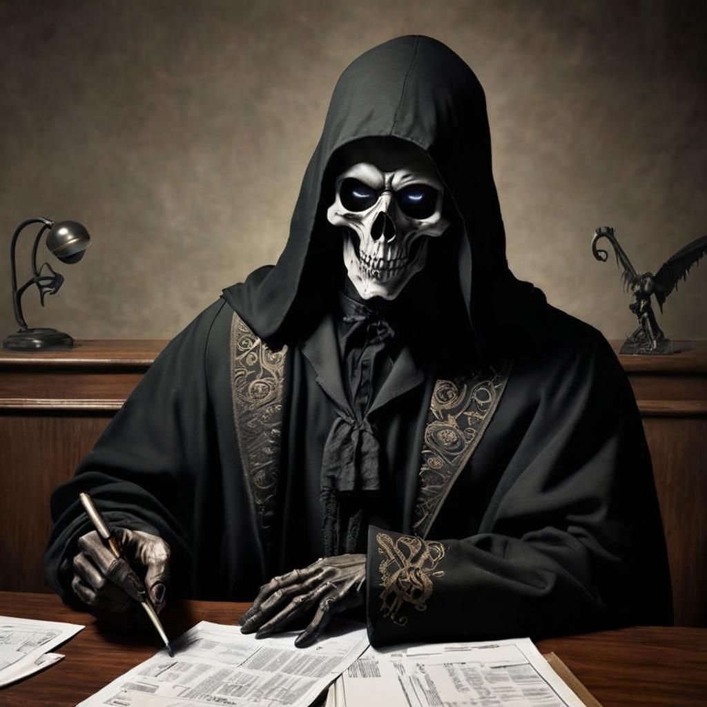 Grim Reaper: Filing Taxes in a Humorous Scene