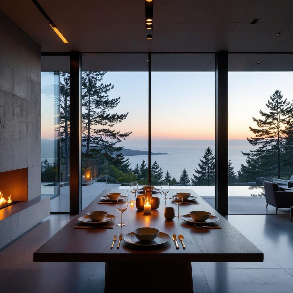 Cinematic Photograph of Modern Dining Space at Dusk