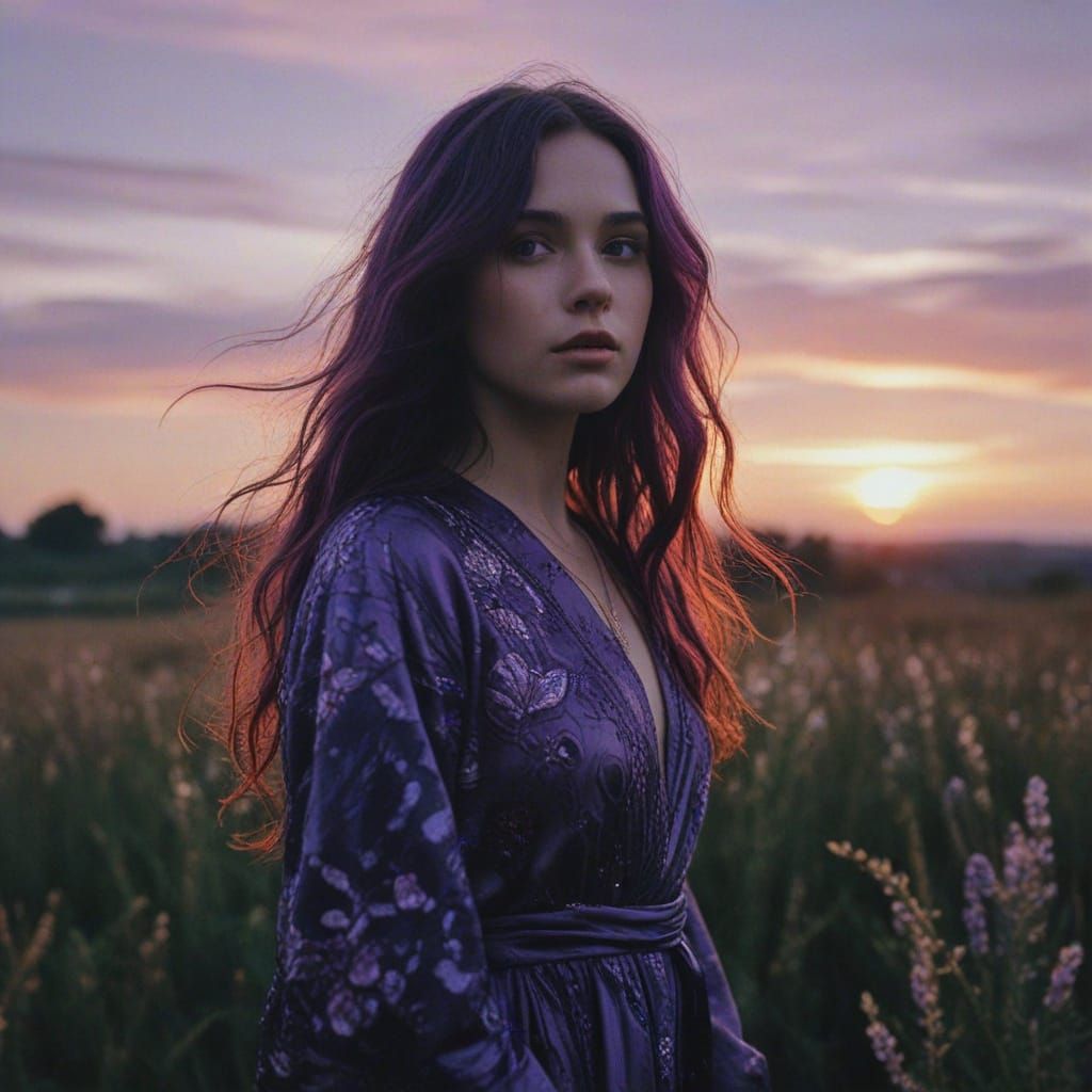 Maiden Among Amethyst Geodes Under a Cosmic Twilight