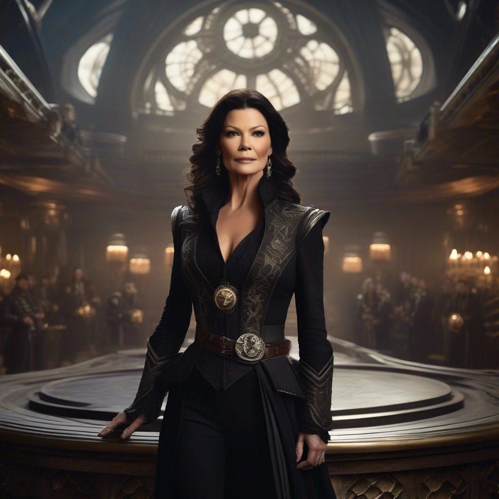 Portrait of Catherine Zeta Jones as space pirate Bo-Katan kryze from disney movie "Pirates of the space".  Intricate _de...