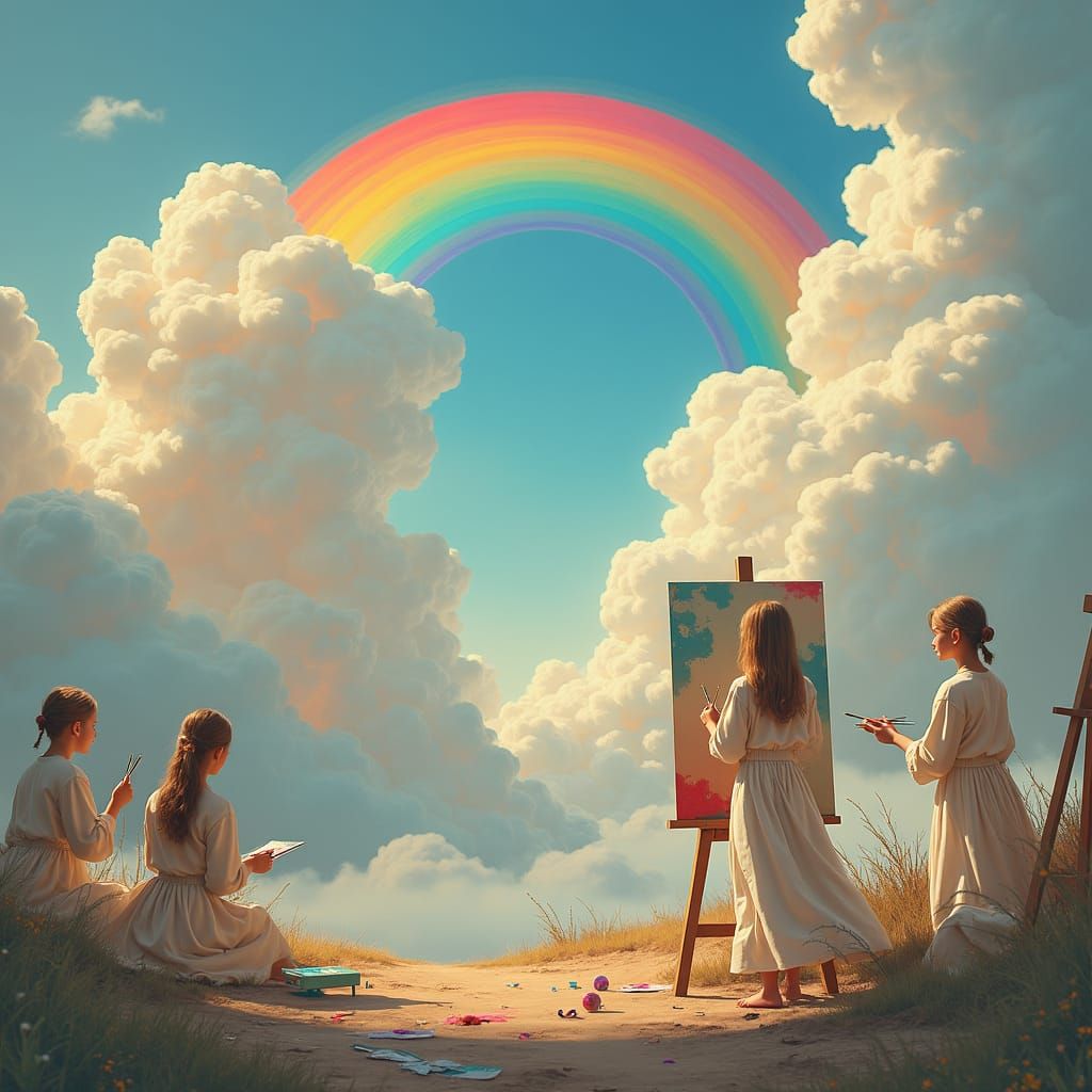 Ethereal Girl Paints Rainbow in Dreamscape