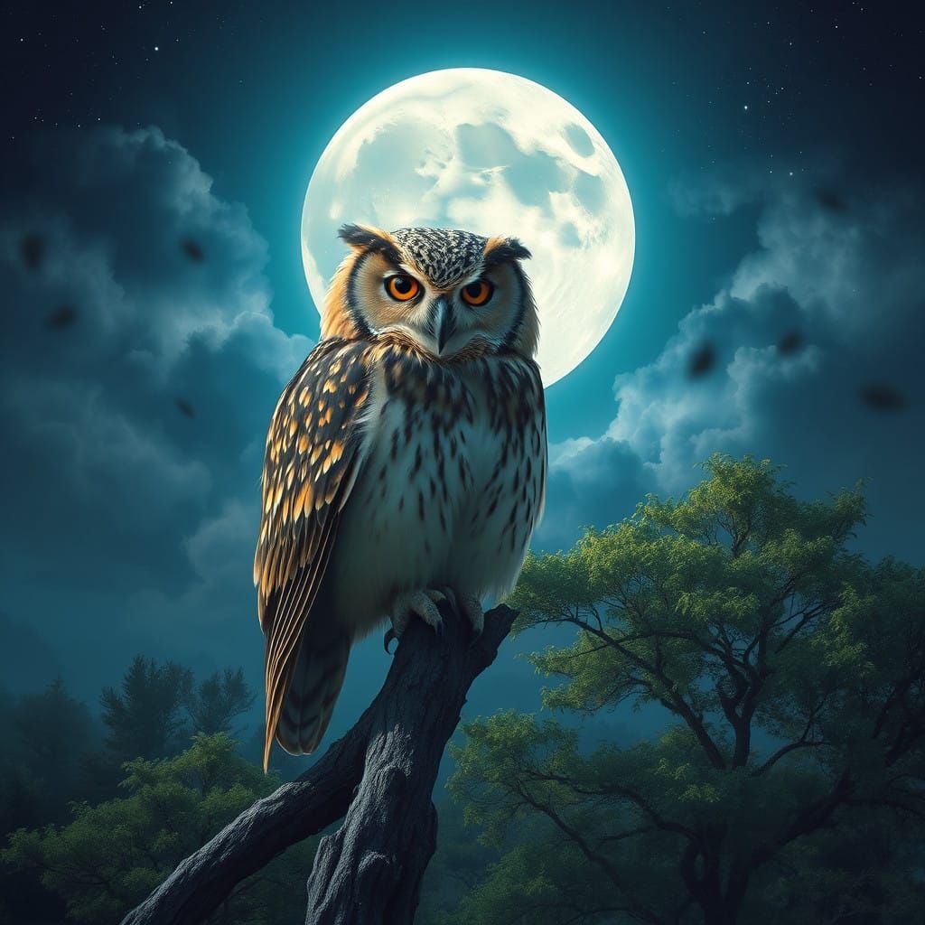Owl Under Full Moon in a Starry Forest