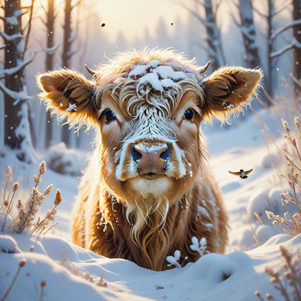 Whimsical Highland Calf Peek-a-Boo in a Snowy Winter Wonderl...