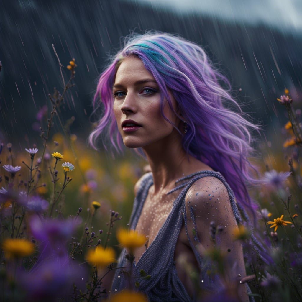 Rainbow Haired Woman Dancing in Rain