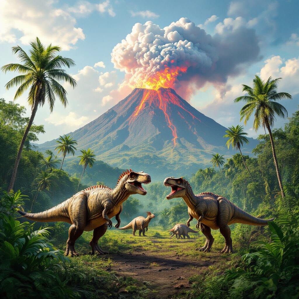 Dinosaurs in Tropical Jungle with Volcanic Eruption