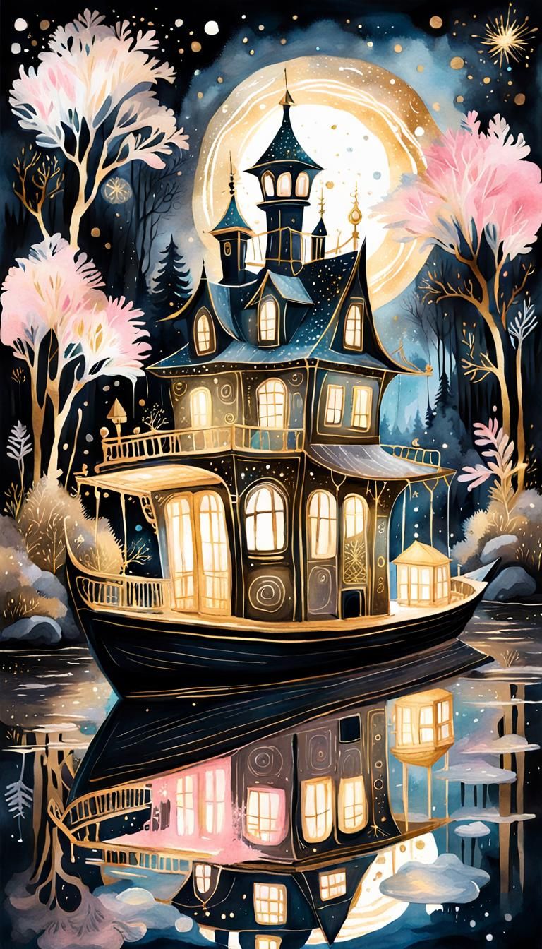 Fantasy Houseboat on Bioluminescent River: Gouache Art